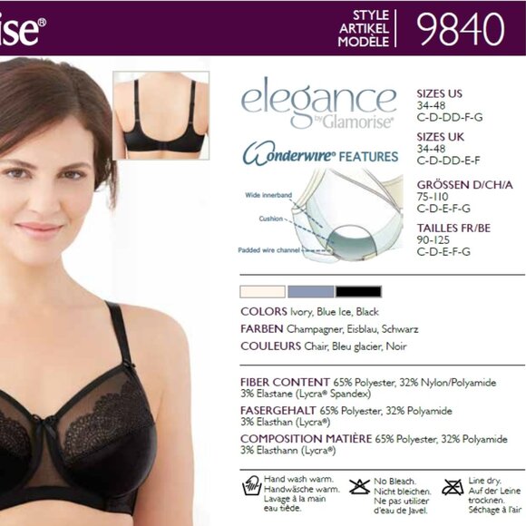 Glamorise 36D WONDERWIRE Bra Satin & Lace UNDERWIRE (FLEXI SIDE BONES) Black NEW - Picture 13 of 16